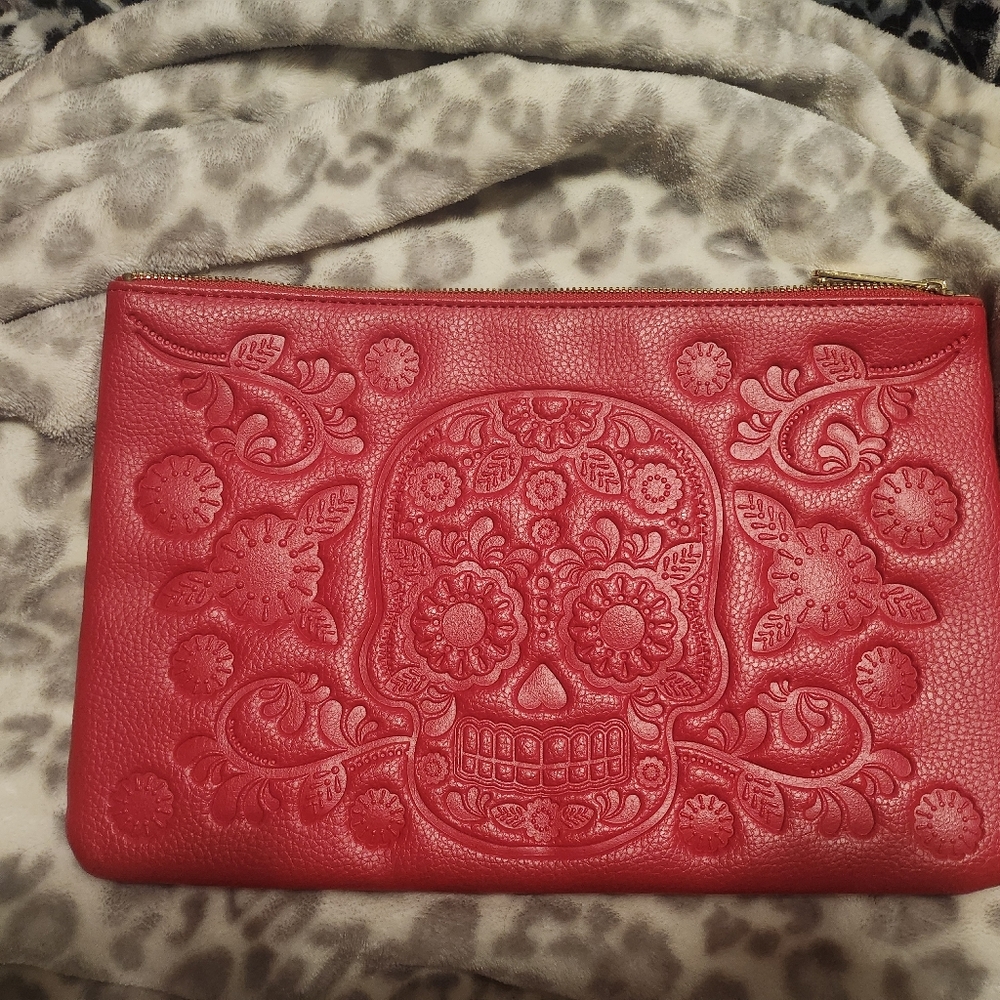 Loungefly Day Of The Dead Red Embossed Skull Clutch